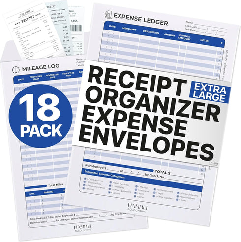 Extra Large Receipt Organizer Envelope & Receipts, Pack of 18, 12.8" x 9.0", Blue Color for Business Expenses