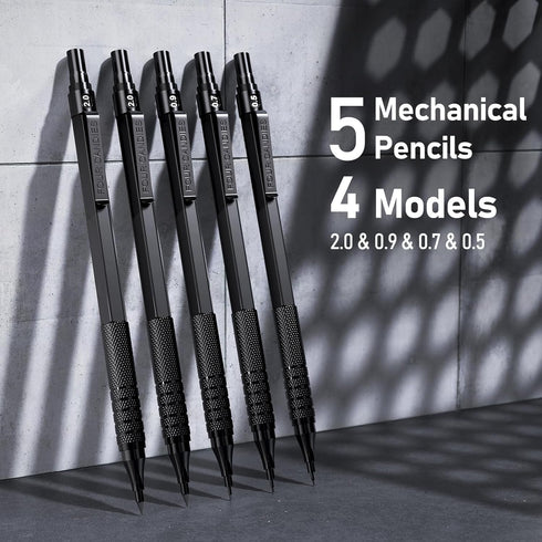 Four Candies Metal Mechanical Pencil Set, 3PCS Art Drafting Pencils 0.5, 0.7, 0.9MM & 2PCS 2MM Mechanical Drawing Pencils with 420PCS Leads (4B 2B HB 2H Color) for Writing Sketching Drawing (Black) by Four Candies