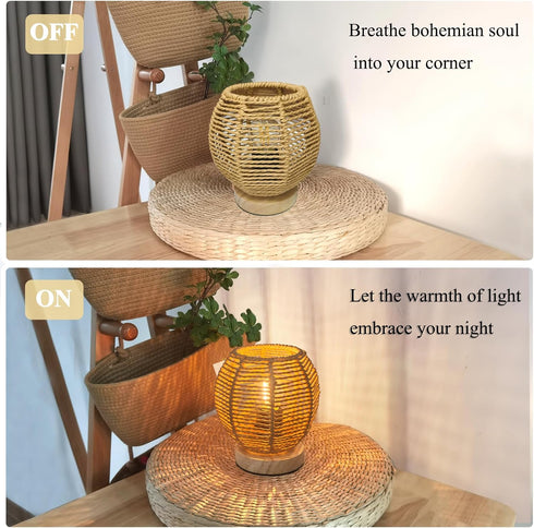2700K G45 Bulb Rattan Table Lamp, Mini Boho Lamp, Vintage Wicker Nightstand Small Lamps with Wood Base, Bohemia Woven