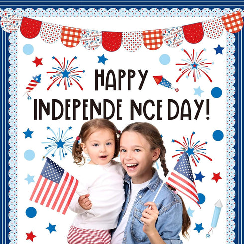 JarThenaAMCS 74Pcs Happy Independence Day Bulletin Board Kit - Patriotic Red Blue Star Truck Fireworks Cutouts