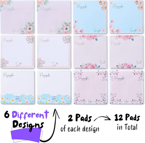 Mr. Pen Sticky Notes, 3”x3”, 12 Pads, Floral Sticky Notes, Colorful Sticky Notes, Bulk Sticky Notes