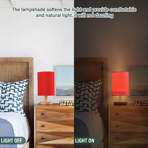 YYZZH Red Table Lamp with Wood Base Fabric Lamp Shade Bedside Nightstand Desk Lamp for Living Room Bedroom Kids Room
