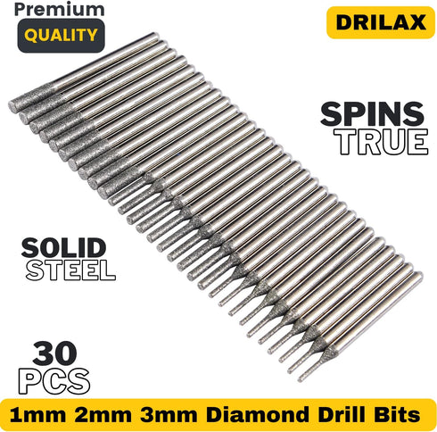 Drilax Diamond Drill Bits for Glass, Sea Glass, Gemstones & Jewelry – 30-Piece Set (1mm, 2mm, 3mm)