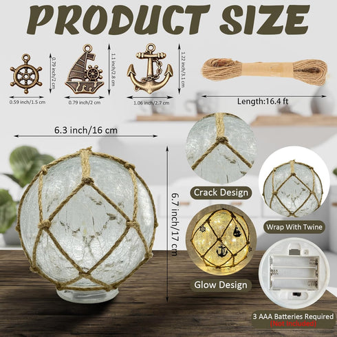 Quasynel 2PCS 6inch Glass Fishing Night Lights - Cracked Glass Ball Nautical Lamp with Decorative Pendants Battery