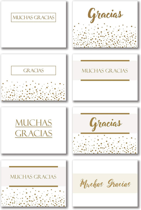 Spanish Shimmering Gold Thank You Cards - 8 Unique Designs - Pack