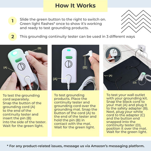 Grounding Continuity Tester for Earthing Products - Easy to Use Tester with Green Light & Grounding Cord