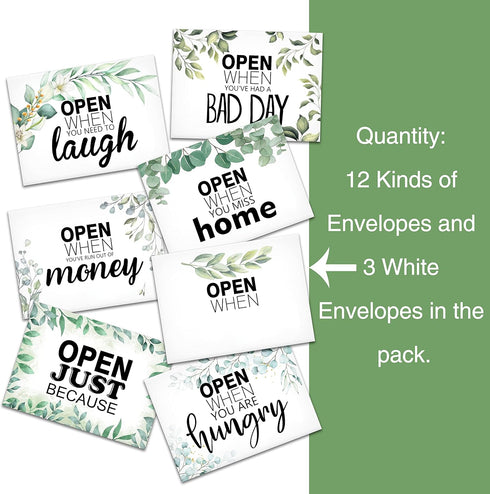 Greenery Open When Envelopes, College Care Package Gift for Boyfriend, Girlfriend, Families - 15 Envelopes