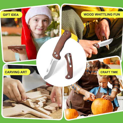 HEDGE-C01 Kids Pocket Knife Wooden Non-slip Handle Trainer Pocket Knife with Safety Blade - Not Sharpened & Rounded