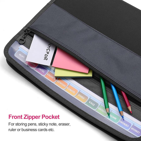 MEGREZ Expanding File Folder with 13 Pockets, 2 Pack A4 Paper Organizer with Zipper, Black