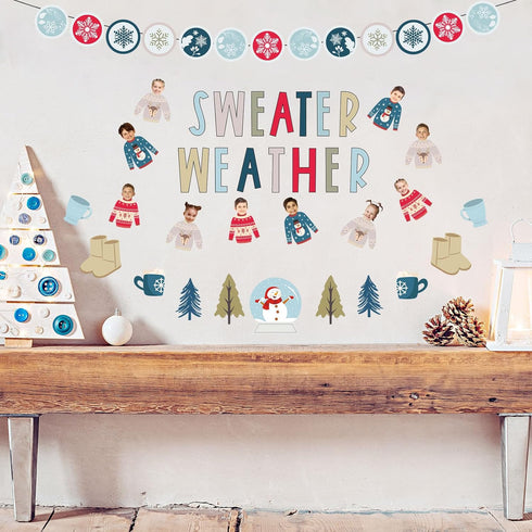 Whaline 85 Pcs Winter Bulletin Board Decoration Kit, Xmas Tree, Snowmen, Snowflake Cutouts for Home School Office Decor