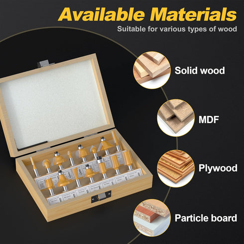 15PCS Set 1/4 Inch Router Bits Shank - Tungsten Carbide Woodwork Tools with Wood Case for Beginners, Doors, Cabinets