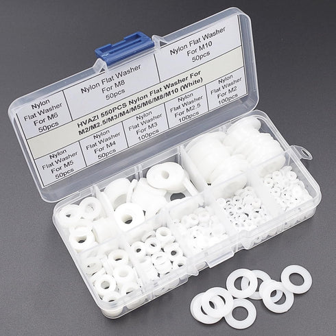 550PCS Nylon Flat Washer Assortment Kit for M2 M2.5 M3 M4 M5 M6 M8 M10 Screw/Bolt (White)
