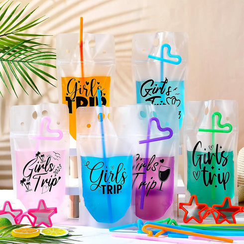 24 Sets Seematn Girls Trip Drink Pouch Bags with Straws, Girls Weekend Getaway Drink Holders Reusable Travel Juice Bag
