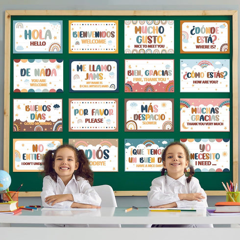gisgfim 16 Pcs Spanish Words and Phrases Poster Set, Bulletin Board Study Spanish Classroom Decoration