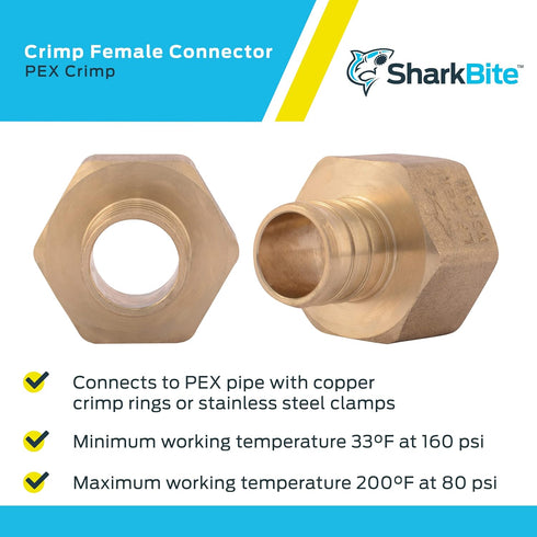 SharkBite 3/4 Inch FNPT Crimp Connector, Pack of 5, Brass Plumbing Fitting