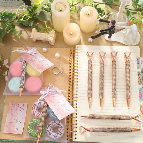 Yeaqee 91 Pcs Bridal Shower Diamond Pen Set, 31 Wedding Crystal Pens, 30 Organza Bags, 30 Cards, Rose Gold