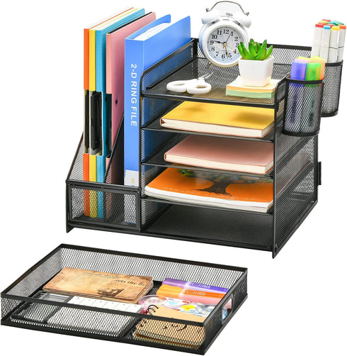 Marbrasse Desk Organizer with File Holder, 5-Tier Paper Tray Organizer with Drawer and 2 Pen Holders for Office Supplies