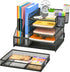Marbrasse Desk Organizer with File Holder, 5-Tier Paper Tray Organizer with Drawer and 2 Pen Holders for Office Supplies