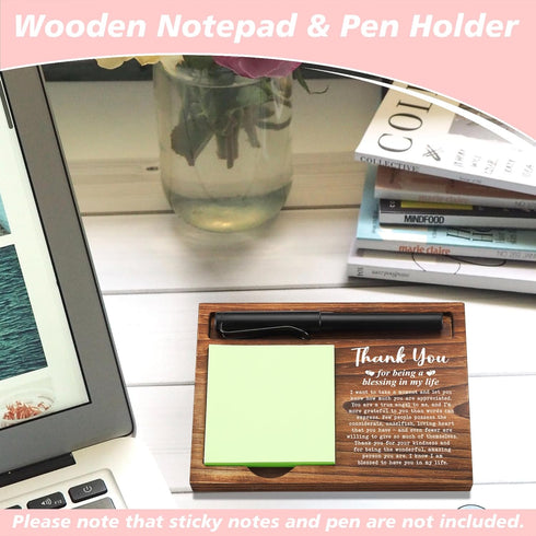 Thank You Gifts Sticky Note Holder - Wooden Notepad & Pen Holder, 6.5" x 4.7" Sticky Note Pad Holder Dispenser for