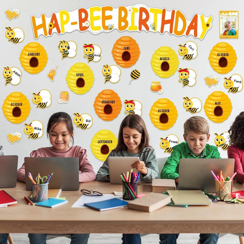 Qyeahkj Bee Birthday Bulletin Board Set, Honeycomb Cutouts, Birthday Decorations for Classroom, Teacher Supplies
