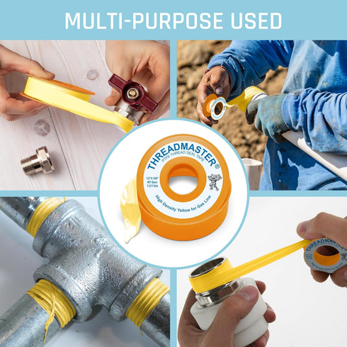 Yellow Gas Pipe Thread Sealant Tape - Pack of 2, 260" Length 1/2" Width for Propane, Natural Gas, and More