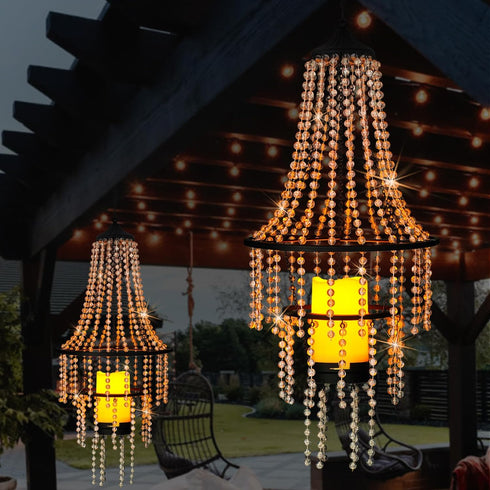 BAYN Hanging Candle Chandelier Outdoor, Battery Operated Clear Acrylic Beaded Chandelier with Flickering