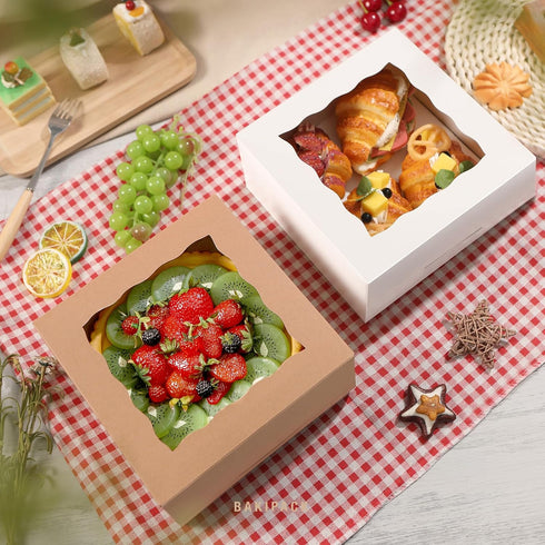25 Kraft Bakery Boxes with Window, 8x8x4 Inches for Pastry, Cupcake, Cookies, Muffins, Pie