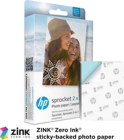 HP 2x3" (20 Sprocket Premium Zink Sticky Back Photo Paper Sheets) Compatible with Sprocket Photo Printers.