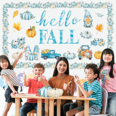 Faccito 70 Pcs Thanksgiving Bulletin Board Decorations Set, Hello Fall Cutouts, Blue Thanksgiving Cutouts, Watercolor