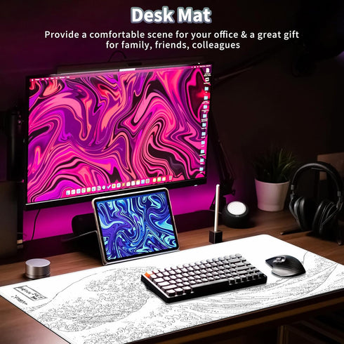Black and White Large Mouse Pad, Japanese Sea Wave White Desk Pad for Keyboard and Mouse, Non-Slip Rubber Edge