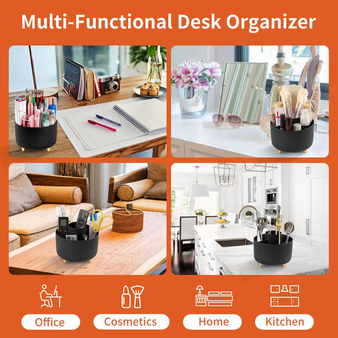 Desk Pencil Pen Holder, 5 Slots 360° Rotating Organizer for Office, School, Home, Art Supplies, Black