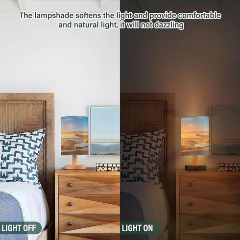 Summer Sunset Bedside Lamp Starfish Shells Beach Table Lamp for Bedroom LED Nightstand Lamp Shade USB Ports Wood Base