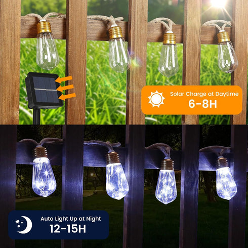 24Ft 20 Bulbs,Solar 8 Solar Outdoor String Lights Vintage Hemp Rope Solar Lights with Shatterproof Powered Patio String