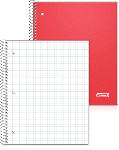 Dunwell Graph Ruled Notebook 4x4 (Red) Plastic Cover, 100 Sheets, 1 Subject Graph Paper Notebook 8.5 x 11, 1/4 In Grid Graphing Notebook, Graph Paper Spiral Notebook, Durable Poly Divider with Pockets by Dunwell