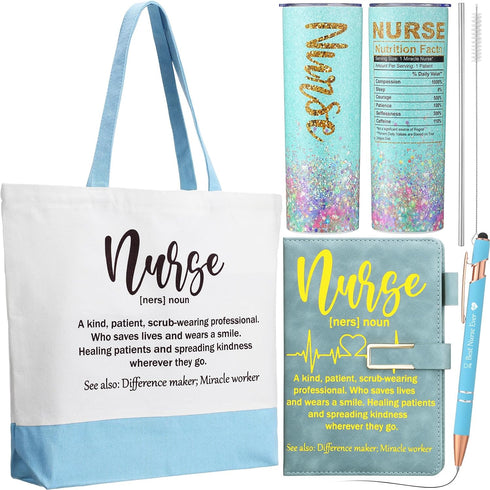 CNA Week Gifts Bulk, 2024 Nurse Assistant Appreciation Gift Set with A5 Leather Journal, Tumbler, and Tote - Blue