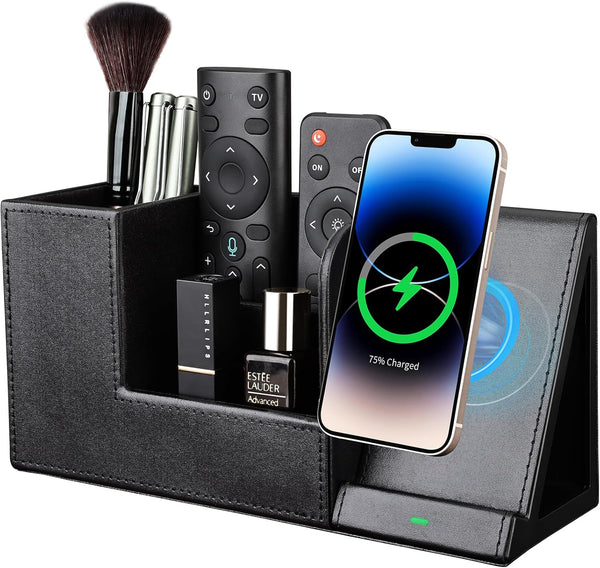 KINGFOM PU Leather Desk Organizer with Wireless Charging Station, 10W Charger for iPhone 14/14 Pro/13/12/Samsung Galaxy