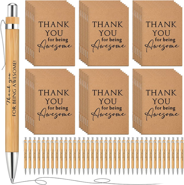 Employee Appreciation Gifts Set, Inspirational Retractable Bamboo Pens and Pocket Kraft Thank You Notebooks (72 Pcs)