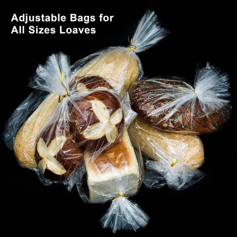 Bread Bags with Ties, 100 Clear Reusable Bags and 100 Ties for Homemade Bread and Bakery Loaf
