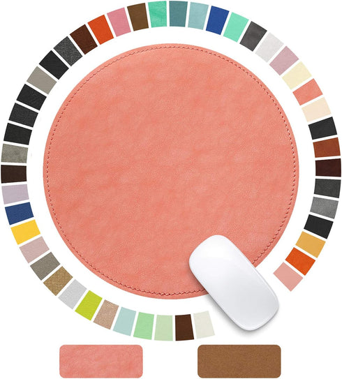Round PU Leather Mouse Pad, Stitched Edge Micro-Fiber Base, Non-Slip Waterproof, 9 x 9 Inch (Pink)