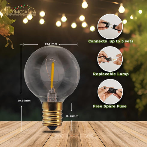 26ft G40 Bulbs, 25 Bulbs, Formosa Clear Incandescent Christmas String Light, Outdoor Shatterproof Patio Light