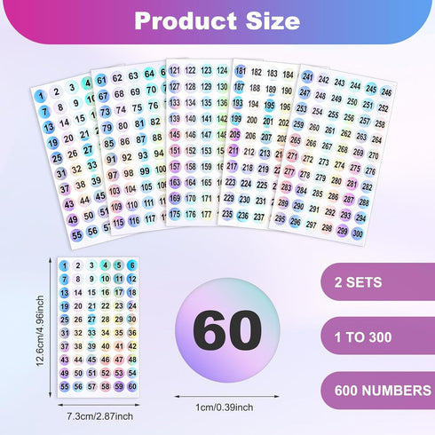 1-300 Number Stickers: 10 Sheets Self Adhesive Label Stickers, Waterproof Round Stickers, Reflective Laser Number