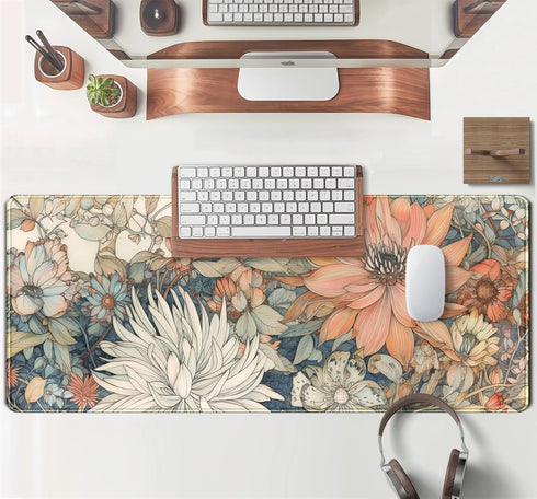 Japanese Minimalist Floral Desk Mat, Aesthetic Flowers XL Large Extended Gaming Mouse Pad for Office Decor (31.5x11.8