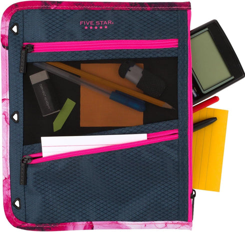 Five Star Pencil Pouch, Pen Case, Storage Organizer for School Supplies Earbuds Chargers Cables Makeup, 3-Pocket, Fits 3 Ring Binder, Navy/Pink (506420B-ECM) by Five Star