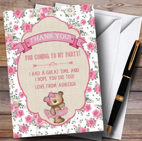 The Card Zoo Pink Roses Girls Ballerina Ballet Teddy Party Thank You Cards