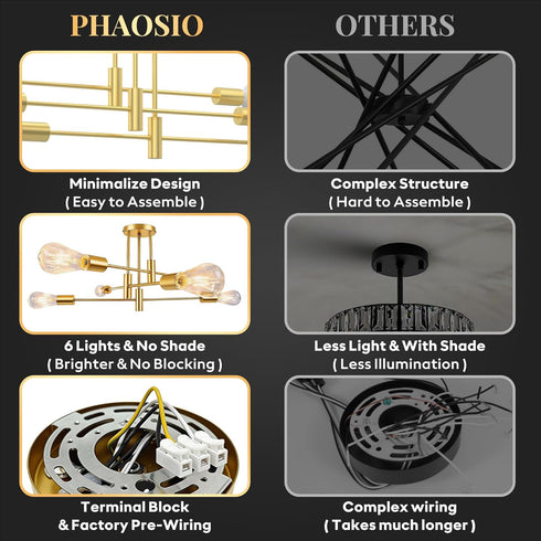 6-Light Sputnik Chandelier Gold, Mid-Century Modern Ceiling Light Fixture for Dining Room, Kitchen, Living Room