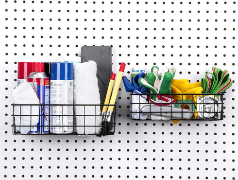 Pegboard Basket Set of 2, Medium + Small Size Baskets, Black for Organizing Tools and Garage Storage