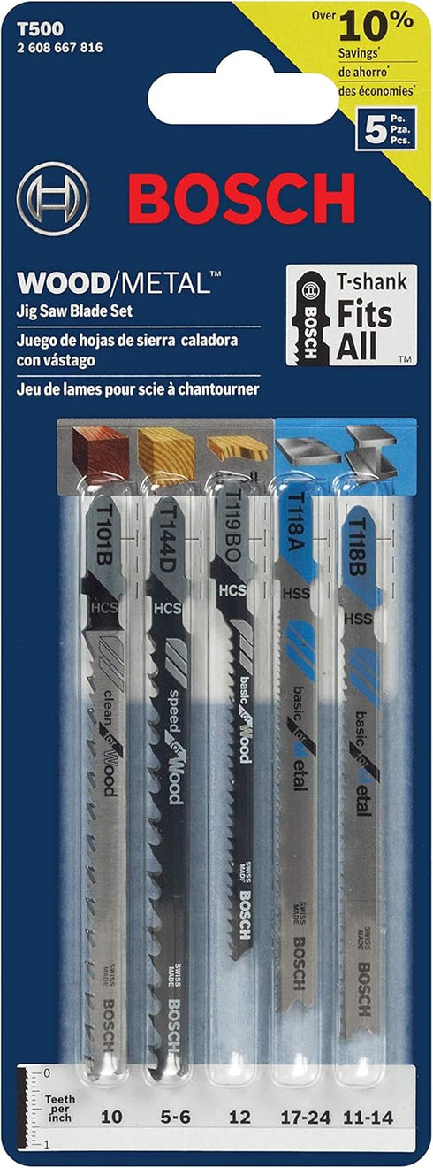 BOSCH T500 5-Piece T-Shank Jig Saw Blade Set for Wood and Metal by BOSCH