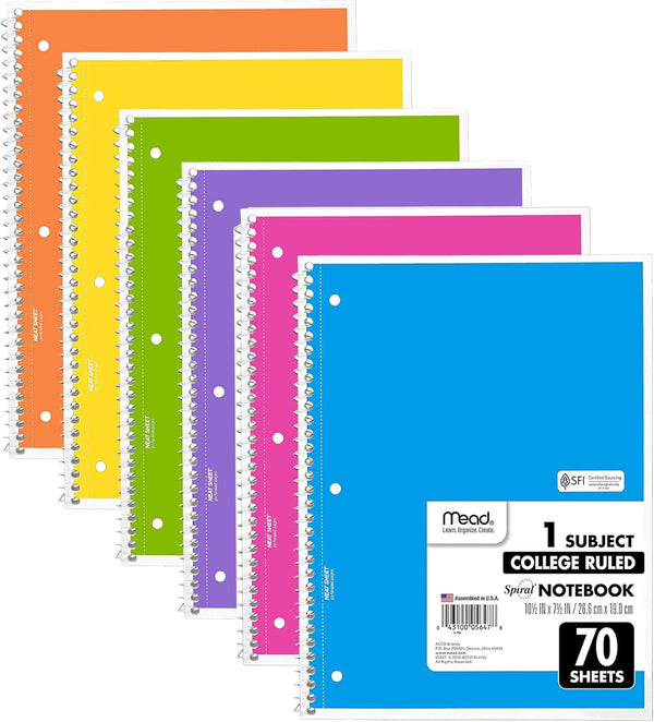 Mead Spiral Notebooks, 6 Pack, 1-Subject, College Ruled, 10-1/2" x 8”, 70 Sheets per Notebook, Assorted Colors