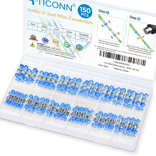 TICONN 150 PCS Solder Seal Wire Connectors, Heat Shrink Butt Connectors, Waterproof and Insulated Electrical Wire