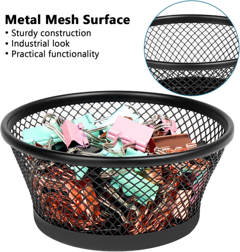 Paper Clip Holder for Desk, Paper Clip Holders, Mesh Paperclip Holders Metal Paper Clip Dispenser Organizer for Desk Binder Clip Holder Container for Home Office School, Black 4 Pack (Round1)